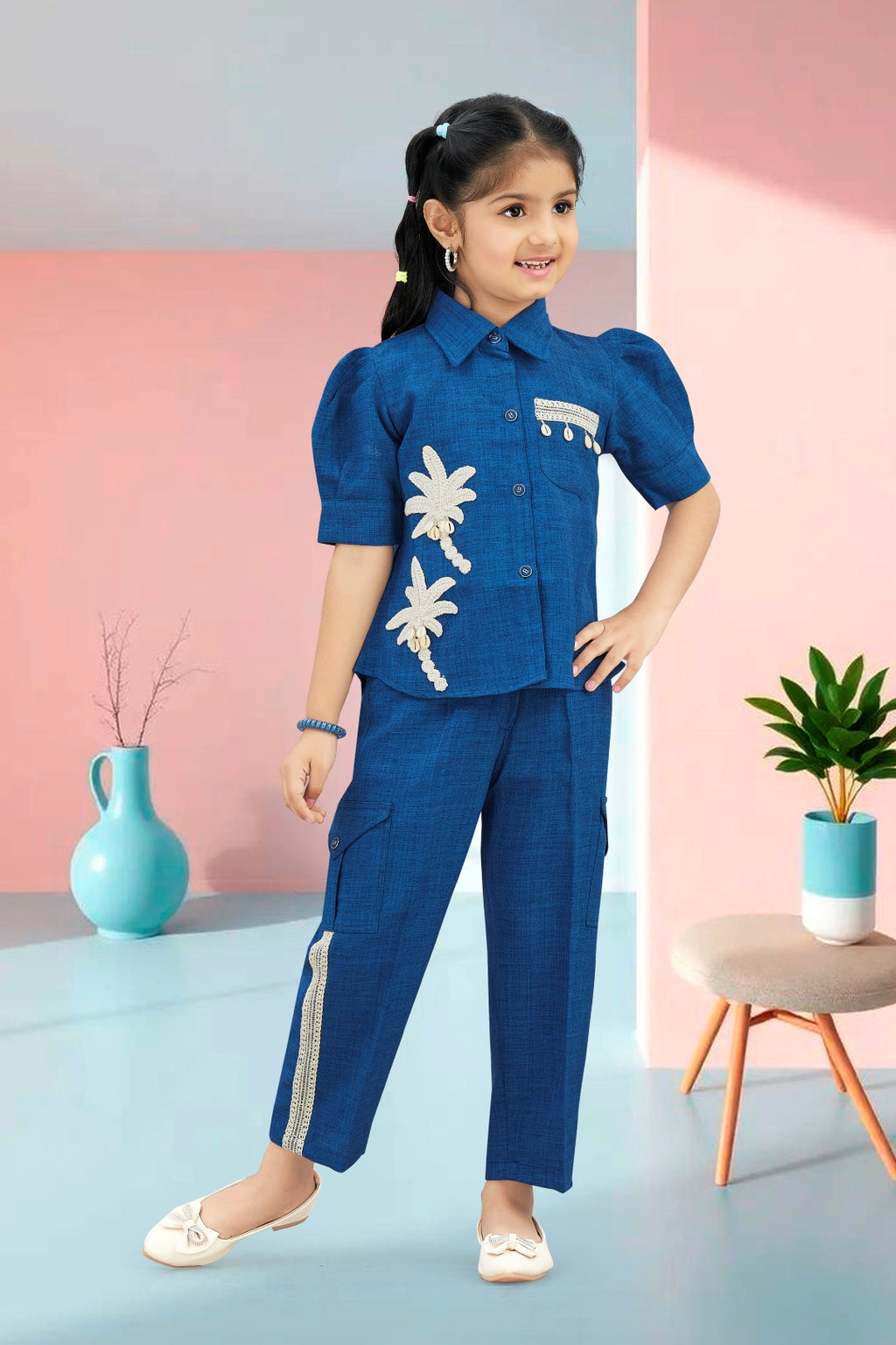 Girls Blue Utility Co-ord Set with Palm Tree Embroidery and Shell Charms