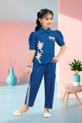 Girls Blue Utility Co-ord Set with Palm Tree Embroidery and Shell Charms