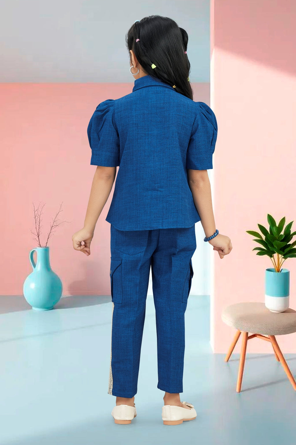 Girls Blue Utility Co-ord Set with Palm Tree Embroidery and Shell Charms
