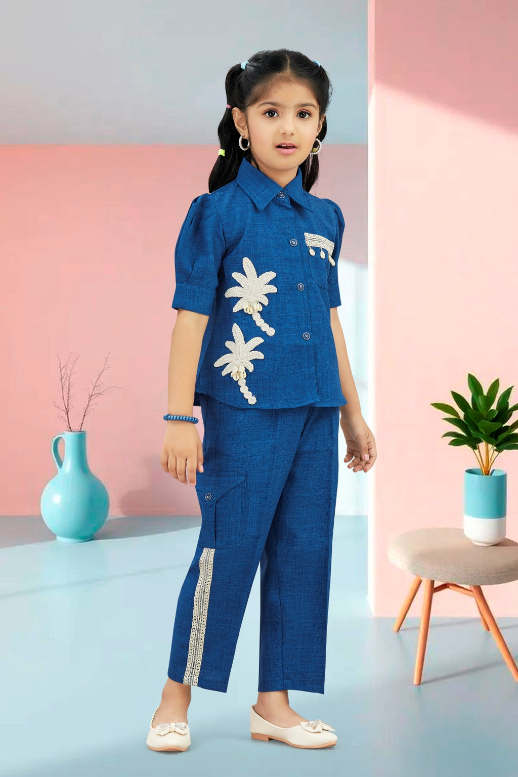 Girls Blue Utility Co-ord Set with Palm Tree Embroidery and Shell Charms