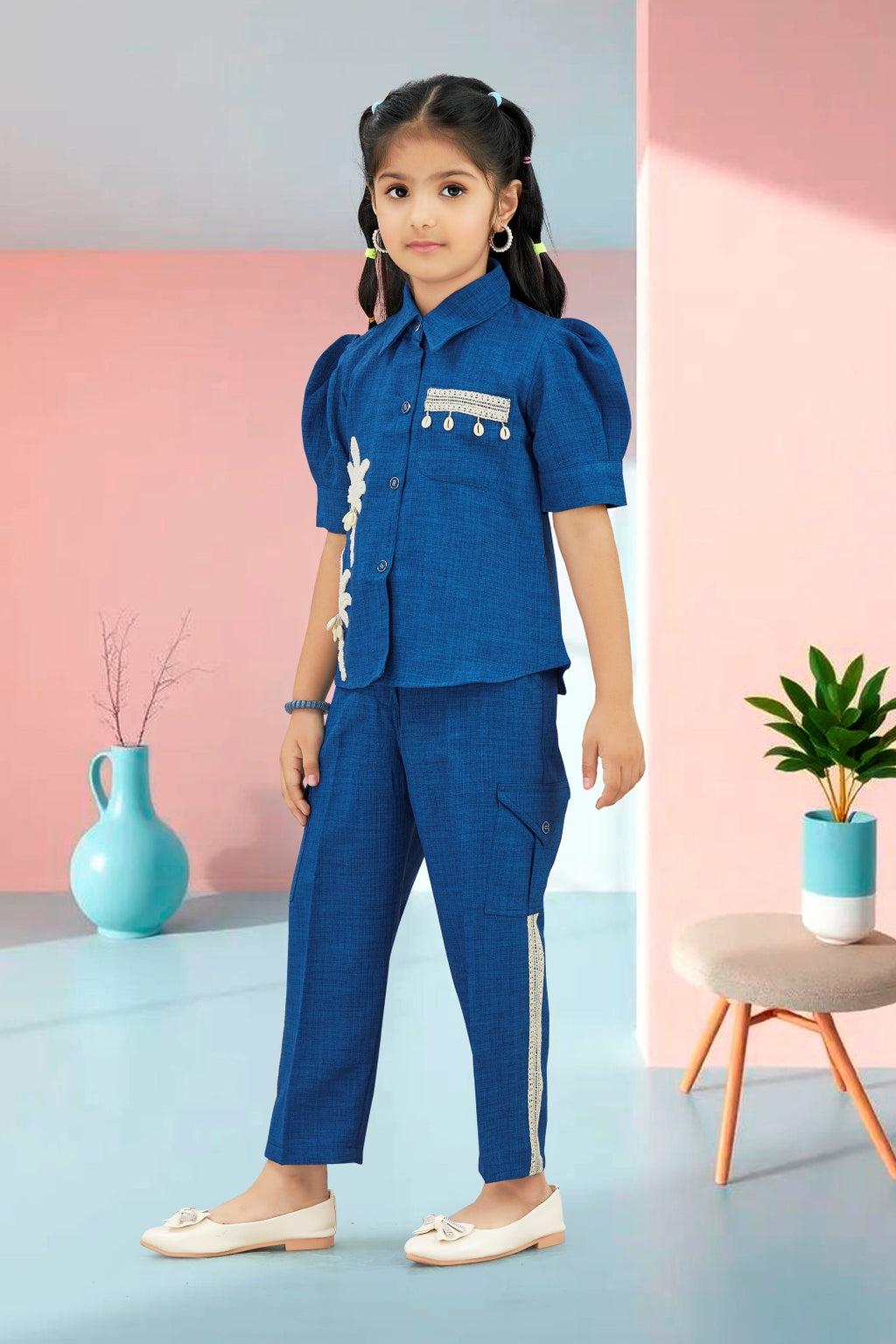 Girls Blue Utility Co-ord Set with Palm Tree Embroidery and Shell Charms