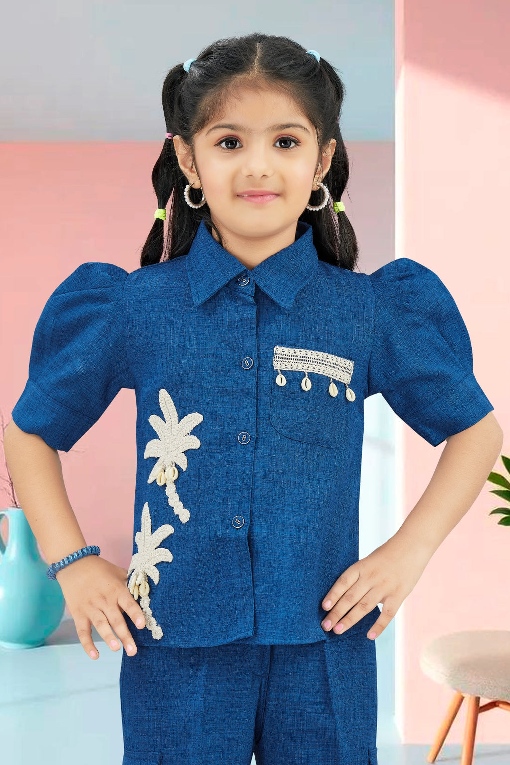 Girls Blue Utility Co-ord Set with Palm Tree Embroidery and Shell Charms