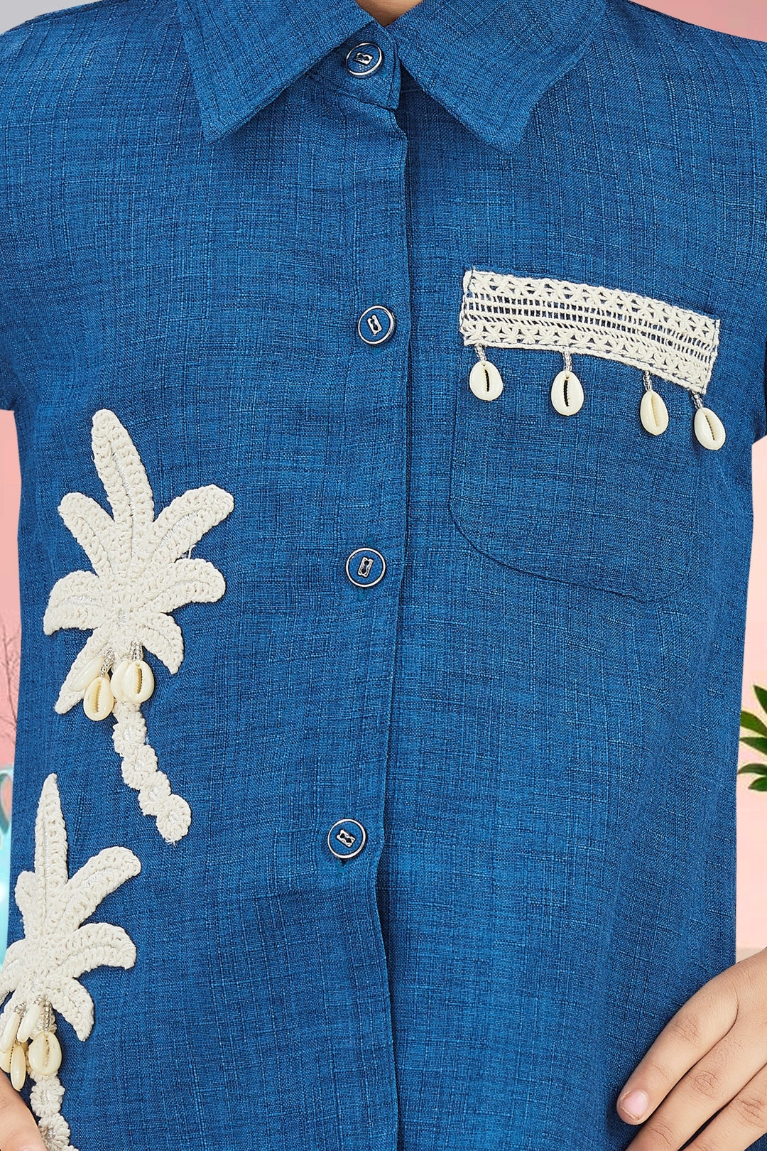 Girls Blue Utility Co-ord Set with Palm Tree Embroidery and Shell Charms