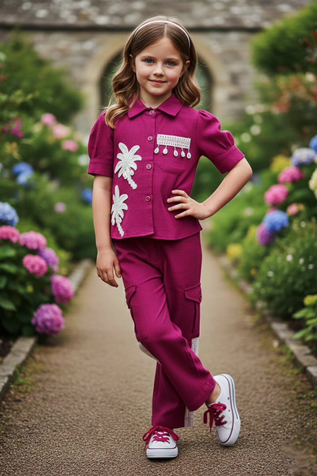 Girls Red Utility Co-ord Set with Palm Tree Embroidery and Shell Charms