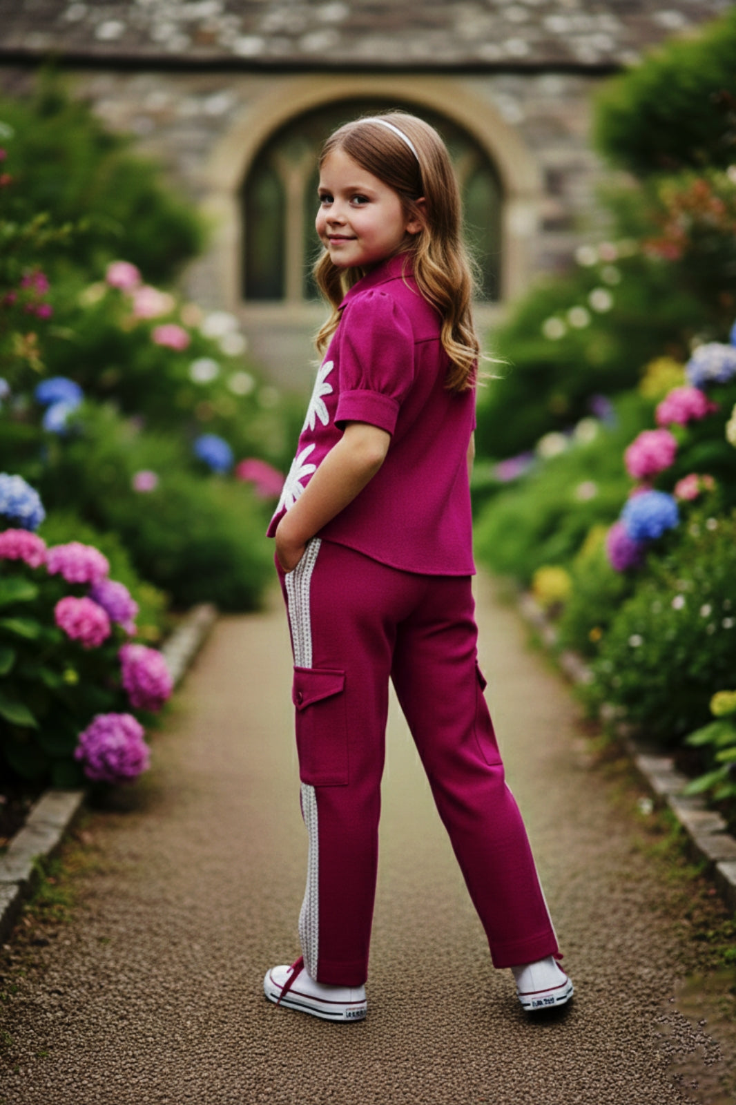 Girls Red Utility Co-ord Set with Palm Tree Embroidery and Shell Charms