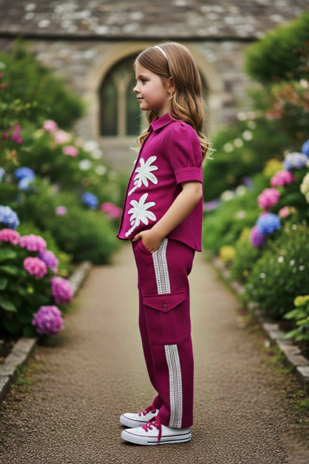 Girls Red Utility Co-ord Set with Palm Tree Embroidery and Shell Charms