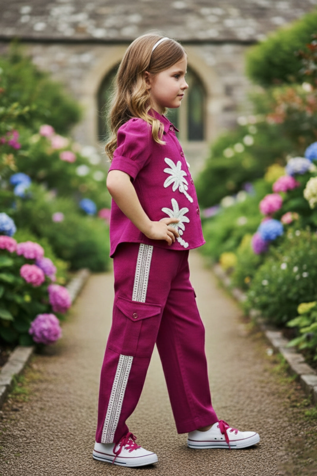Girls Red Utility Co-ord Set with Palm Tree Embroidery and Shell Charms