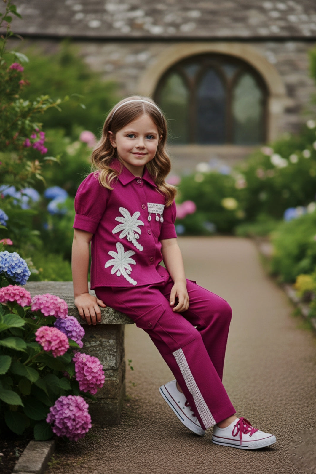 Girls Red Utility Co-ord Set with Palm Tree Embroidery and Shell Charms