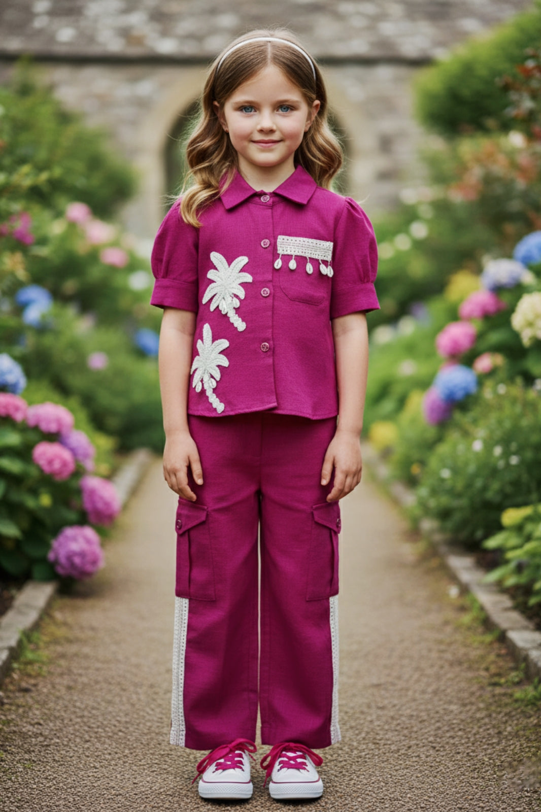 Girls Red Utility Co-ord Set with Palm Tree Embroidery and Shell Charms