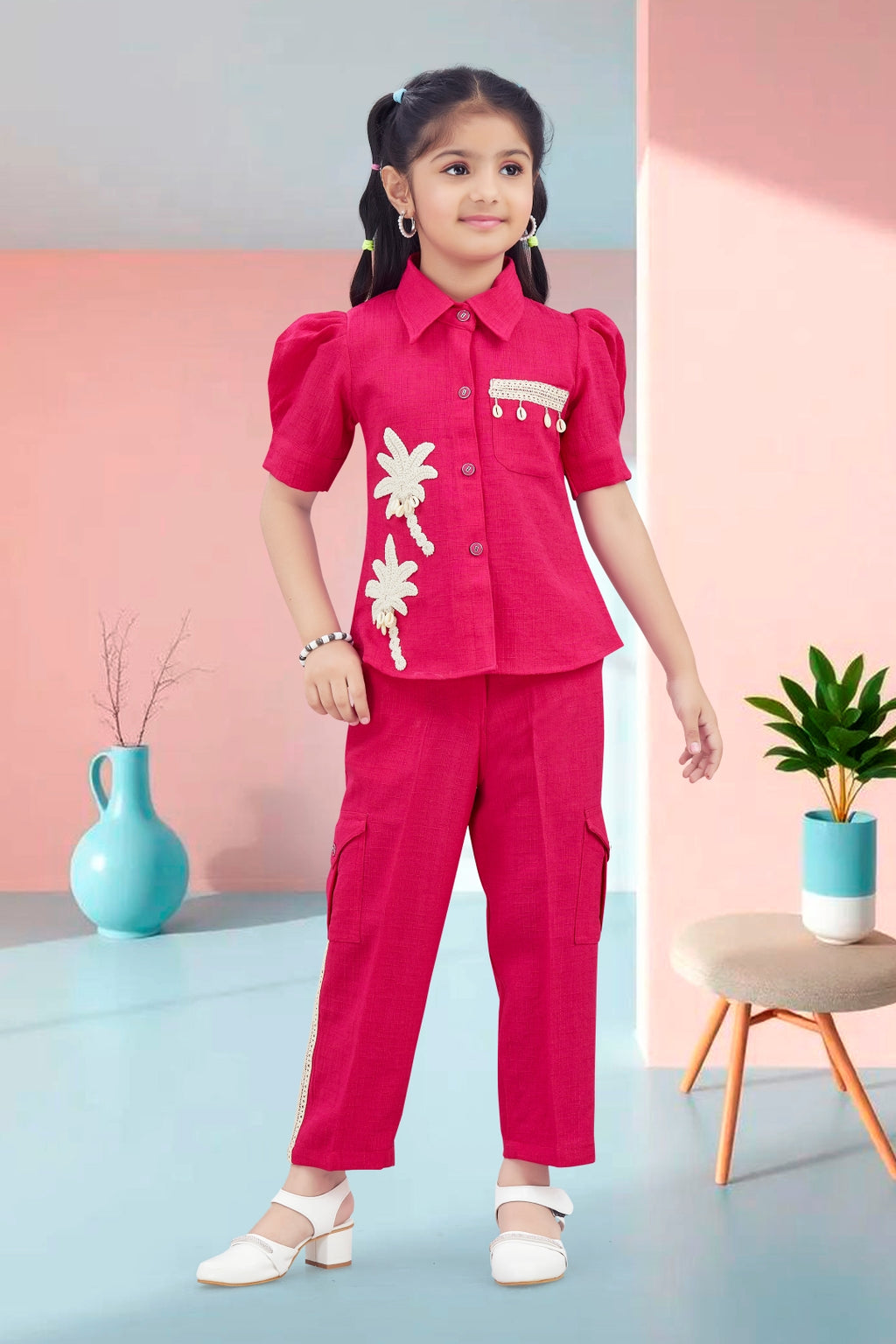 Girls Red Utility Co-ord Set with Palm Tree Embroidery and Shell Charms