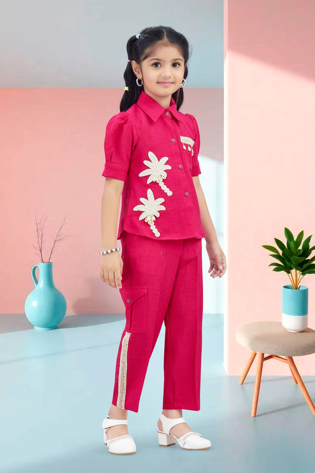 Girls Red Utility Co-ord Set with Palm Tree Embroidery and Shell Charms