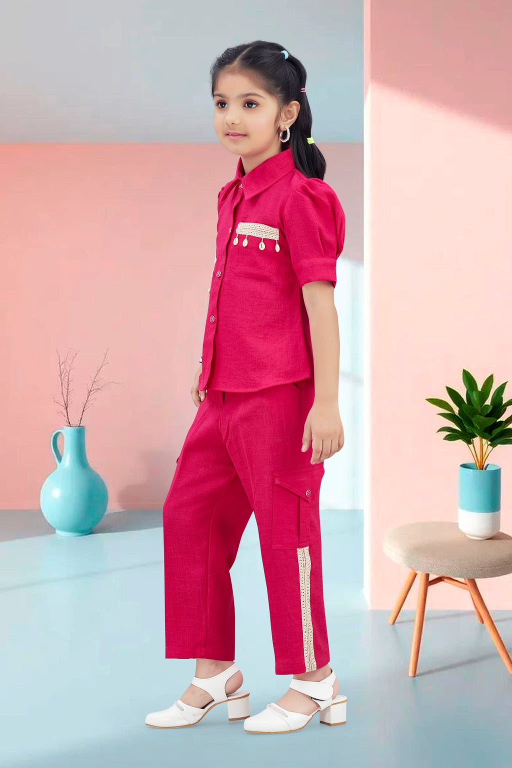 Girls Red Utility Co-ord Set with Palm Tree Embroidery and Shell Charms