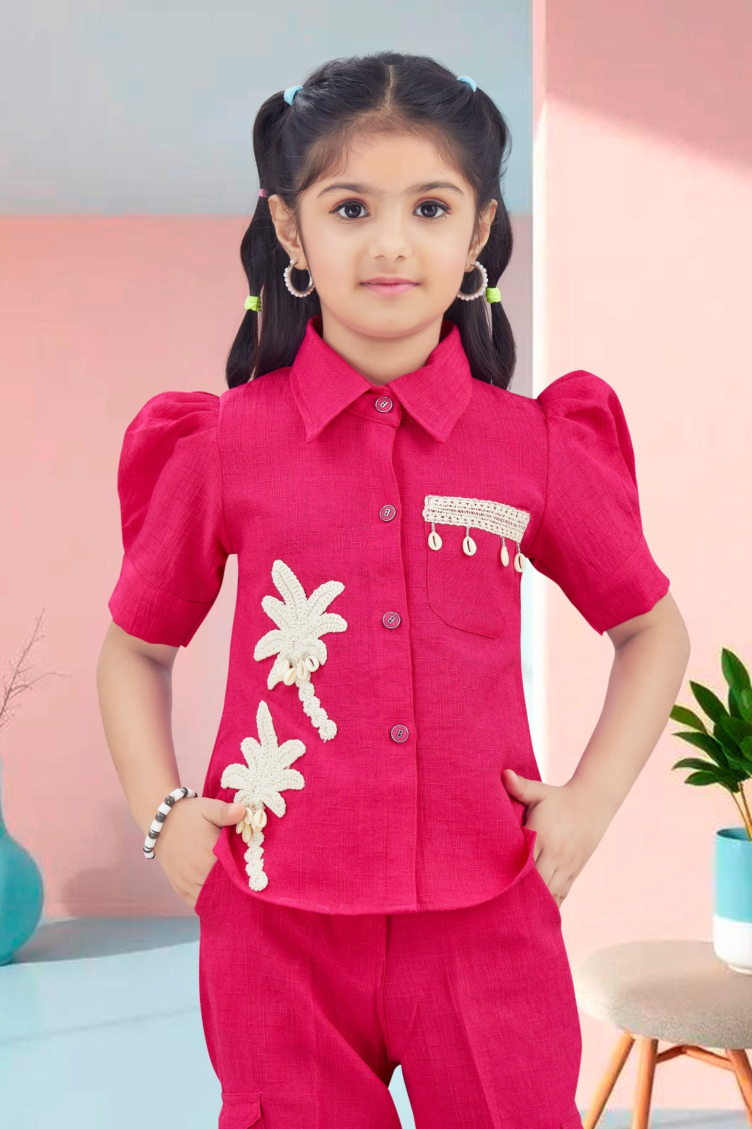 Girls Red Utility Co-ord Set with Palm Tree Embroidery and Shell Charms