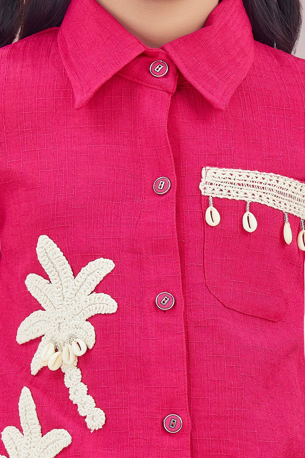 Girls Red Utility Co-ord Set with Palm Tree Embroidery and Shell Charms
