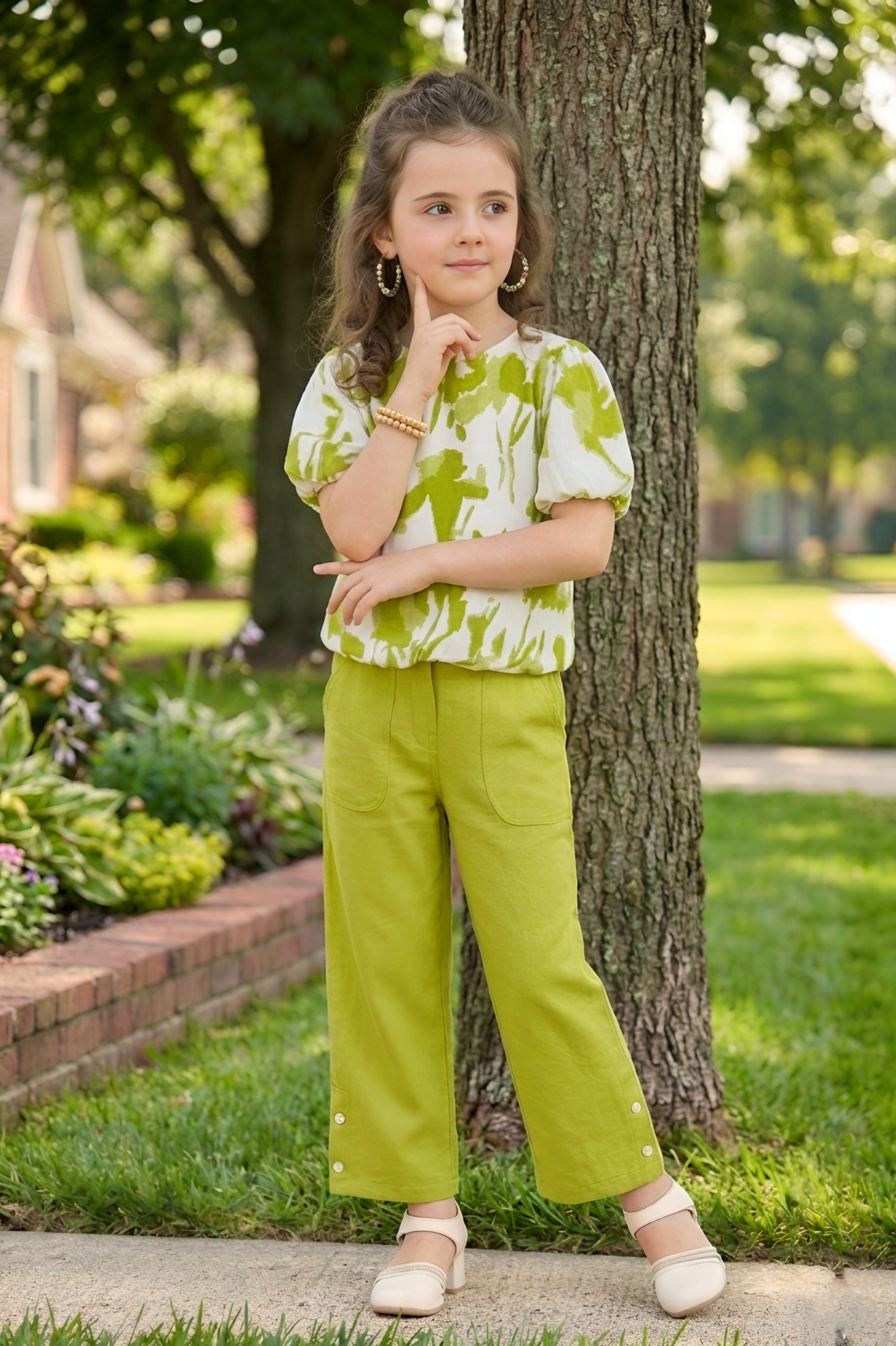 Girls Green 2-Piece Co-ord Set with Printed Puff Sleeve Top and Pants