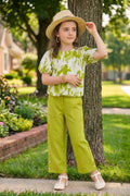 Girls Green 2-Piece Co-ord Set with Printed Puff Sleeve Top and Pants