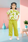 Girls Green 2-Piece Co-ord Set with Printed Puff Sleeve Top and Pants