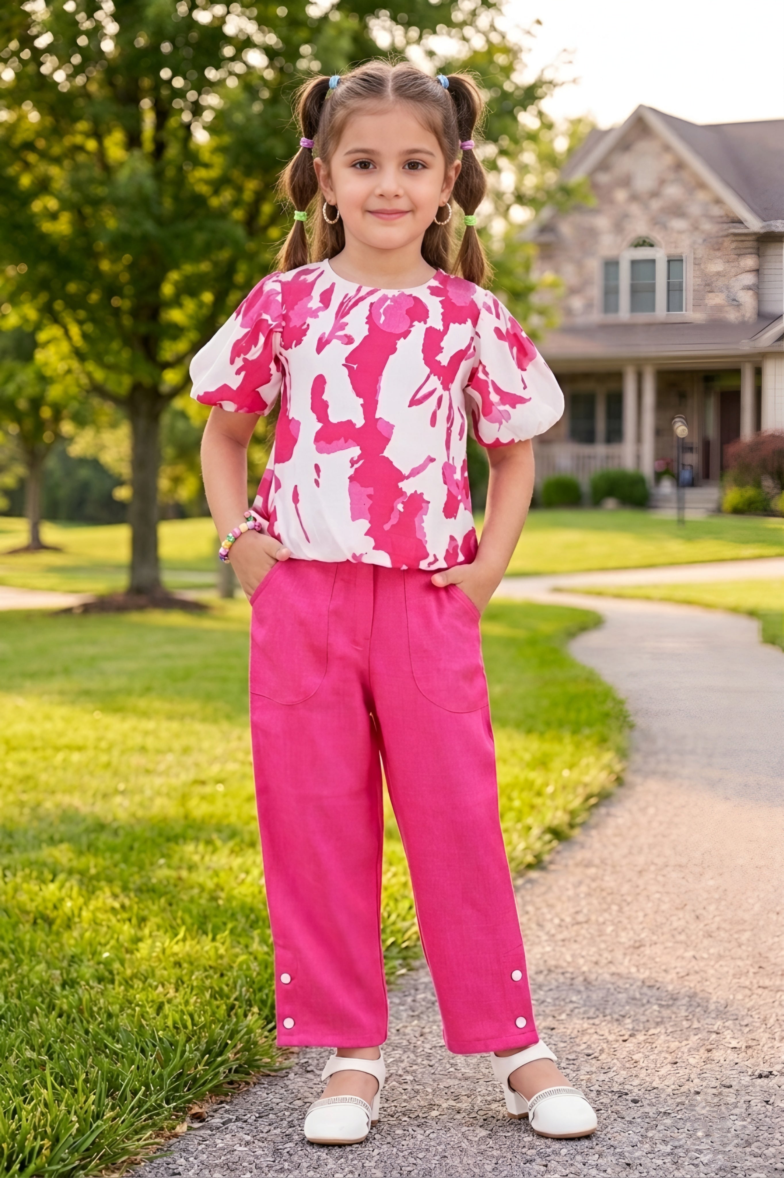 Girls Pink 2-Piece Co-ord Set with Floral Puff Sleeve Top and Pants