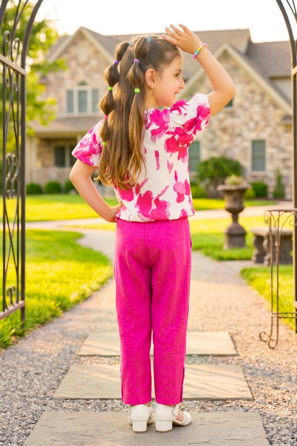 Girls Pink 2-Piece Co-ord Set with Floral Puff Sleeve Top and Pants
