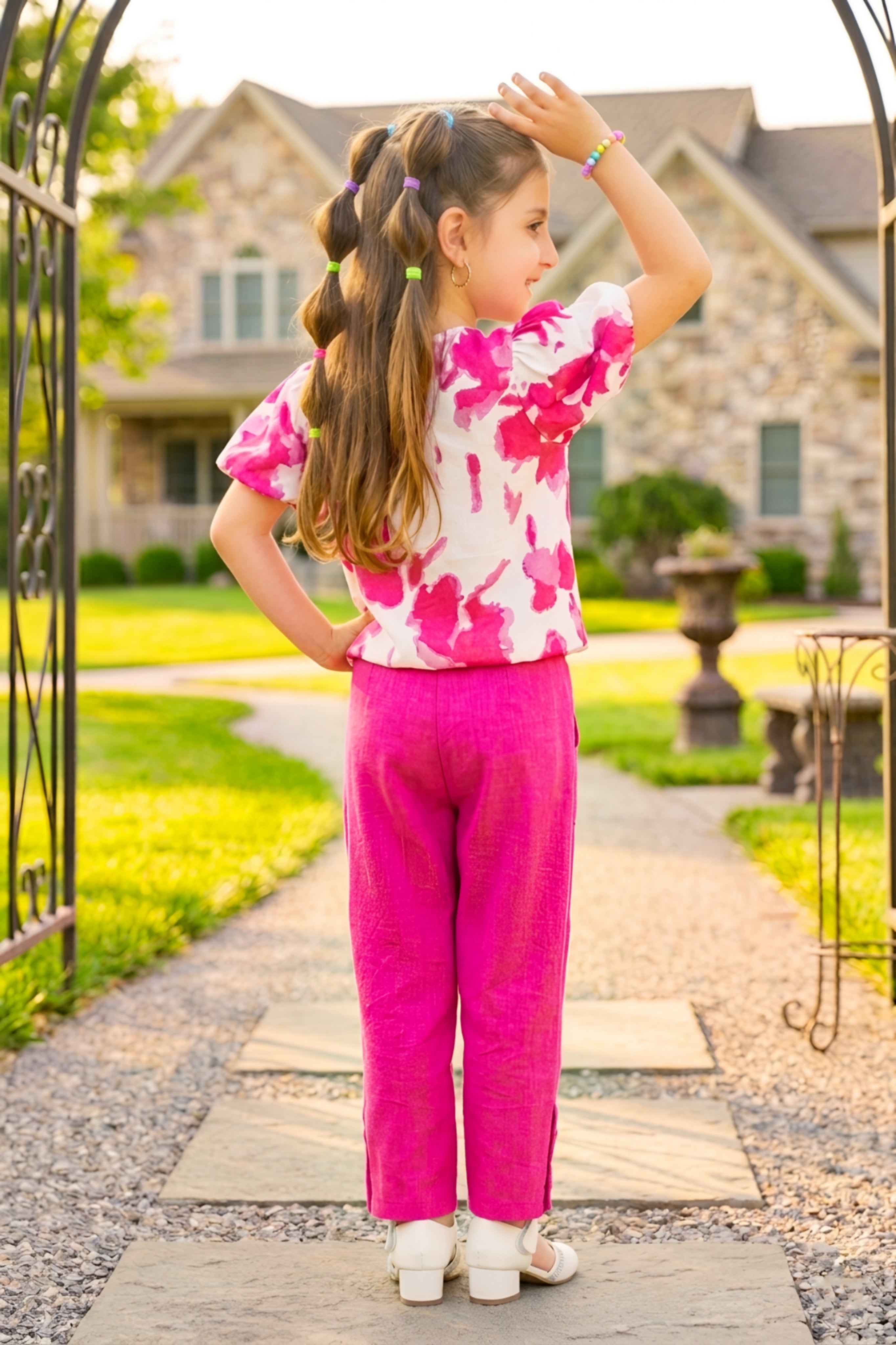 Girls Pink 2-Piece Co-ord Set with Floral Puff Sleeve Top and Pants