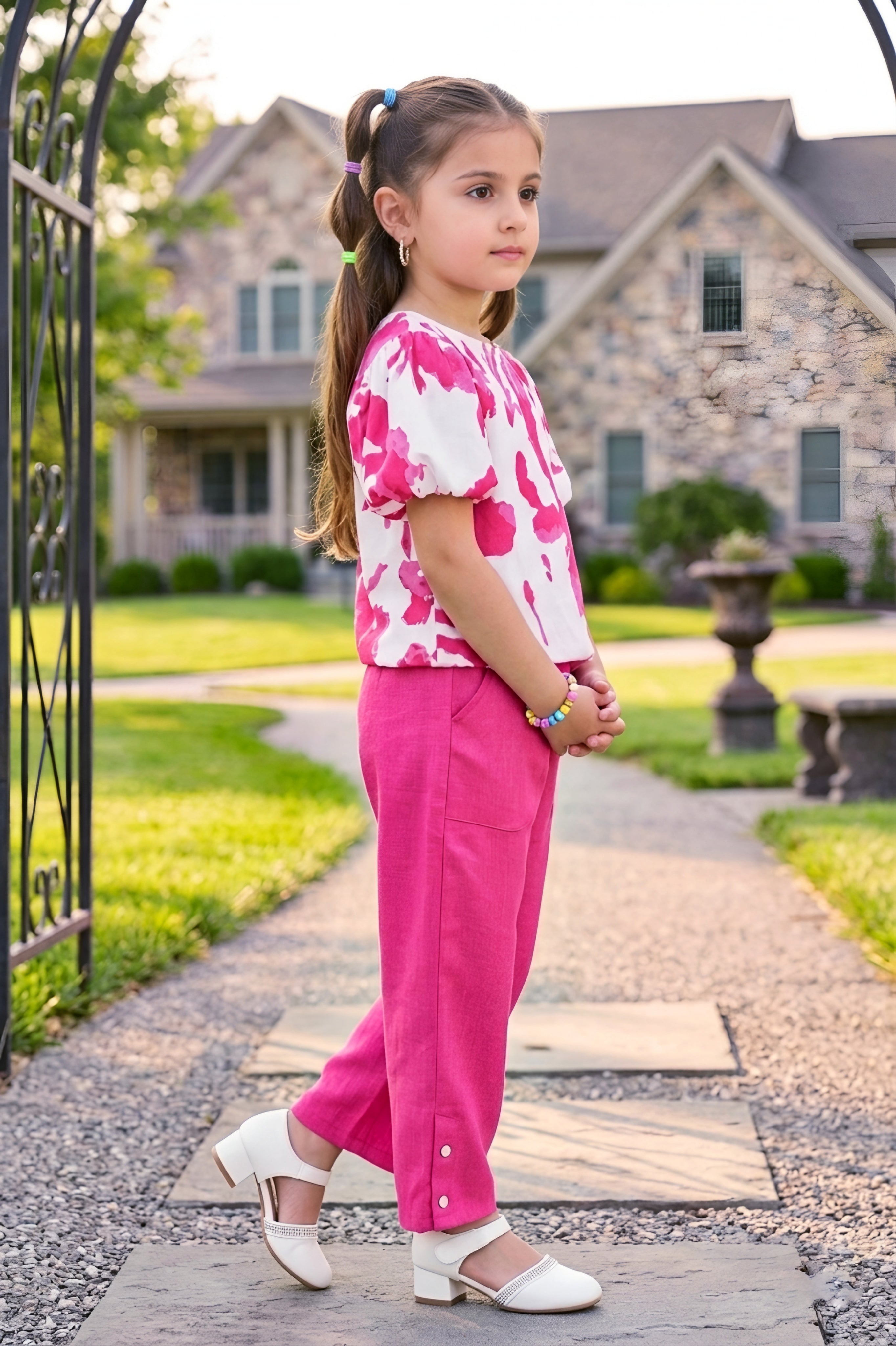 Girls Pink 2-Piece Co-ord Set with Floral Puff Sleeve Top and Pants