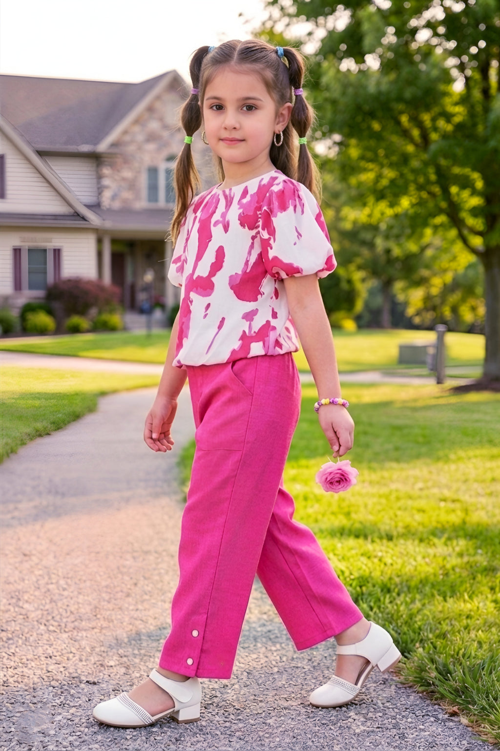 Girls Pink 2-Piece Co-ord Set with Floral Puff Sleeve Top and Pants
