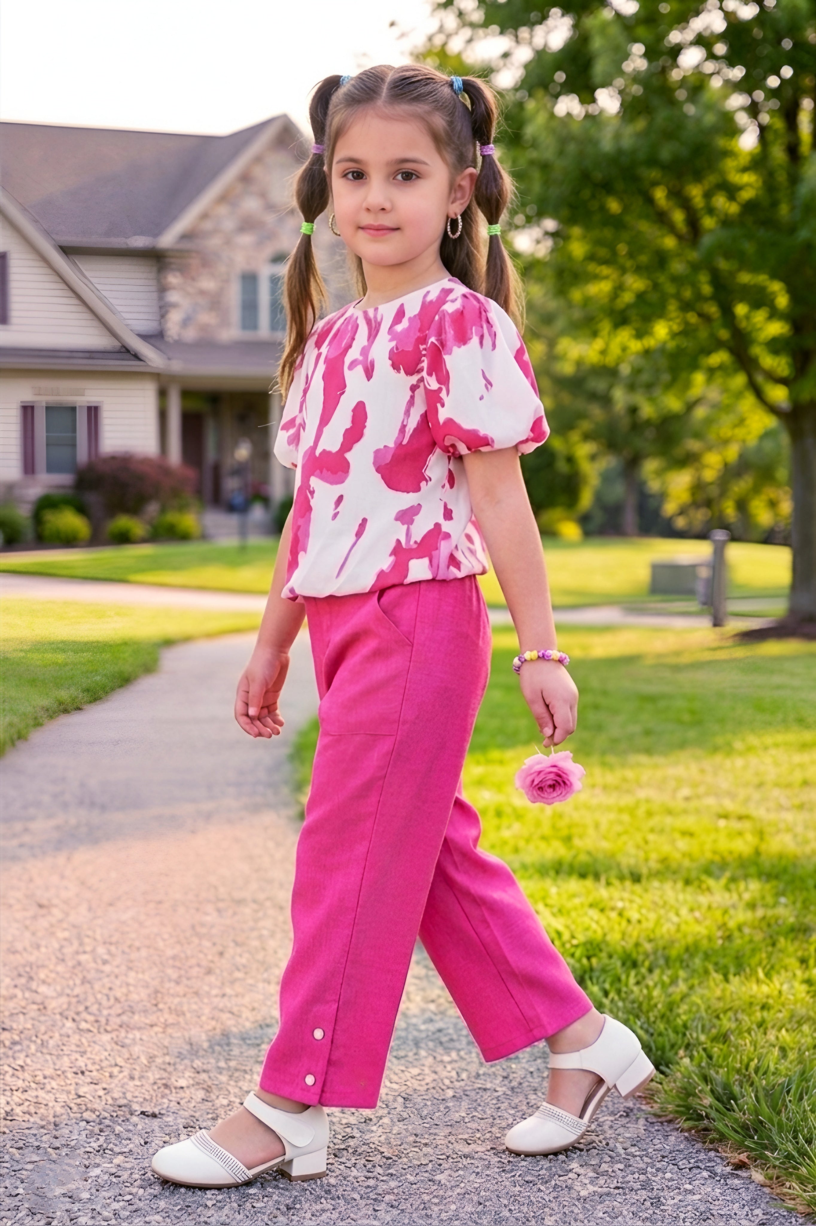 Girls Pink 2-Piece Co-ord Set with Floral Puff Sleeve Top and Pants