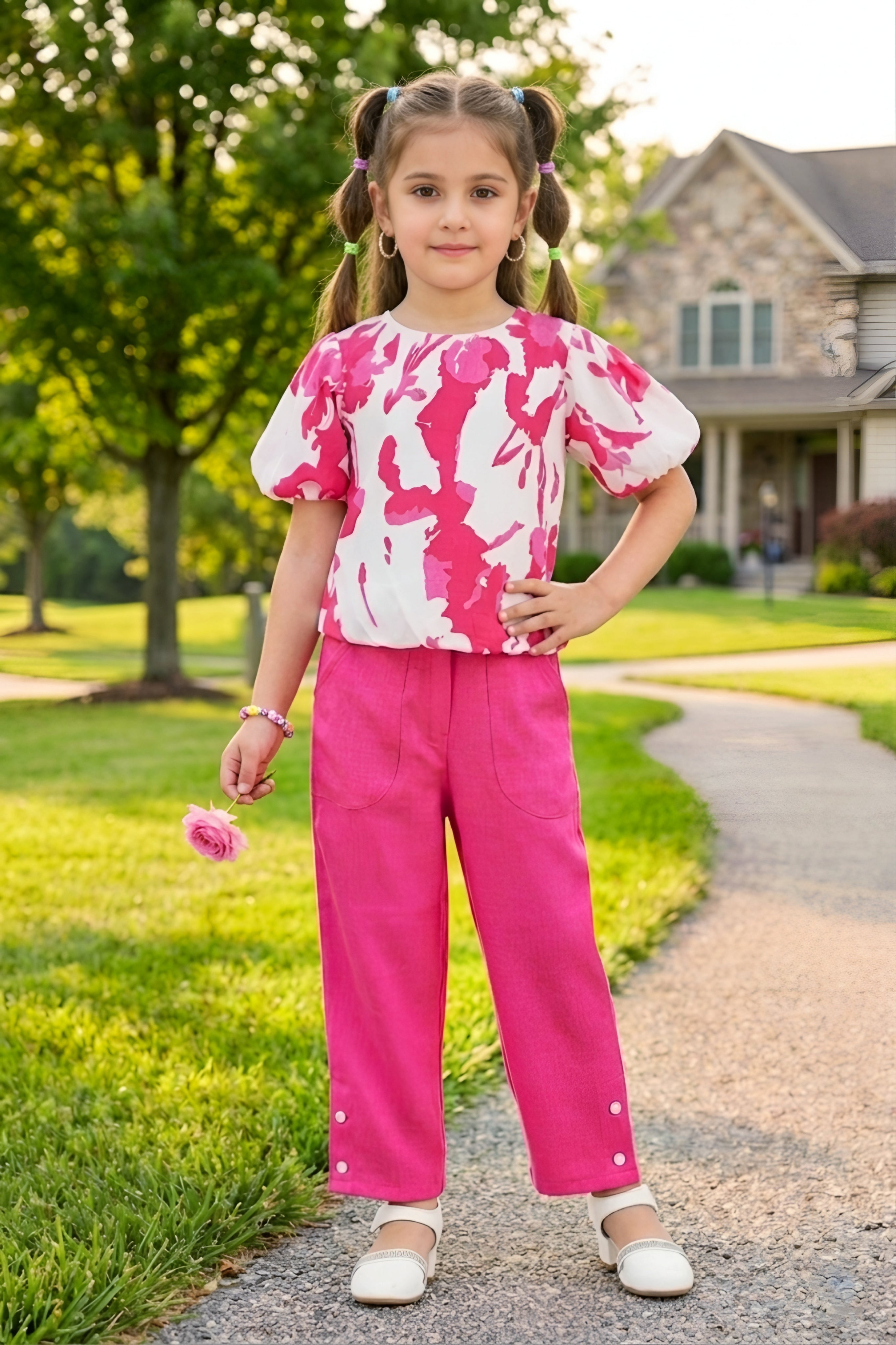 Girls Pink 2-Piece Co-ord Set with Floral Puff Sleeve Top and Pants