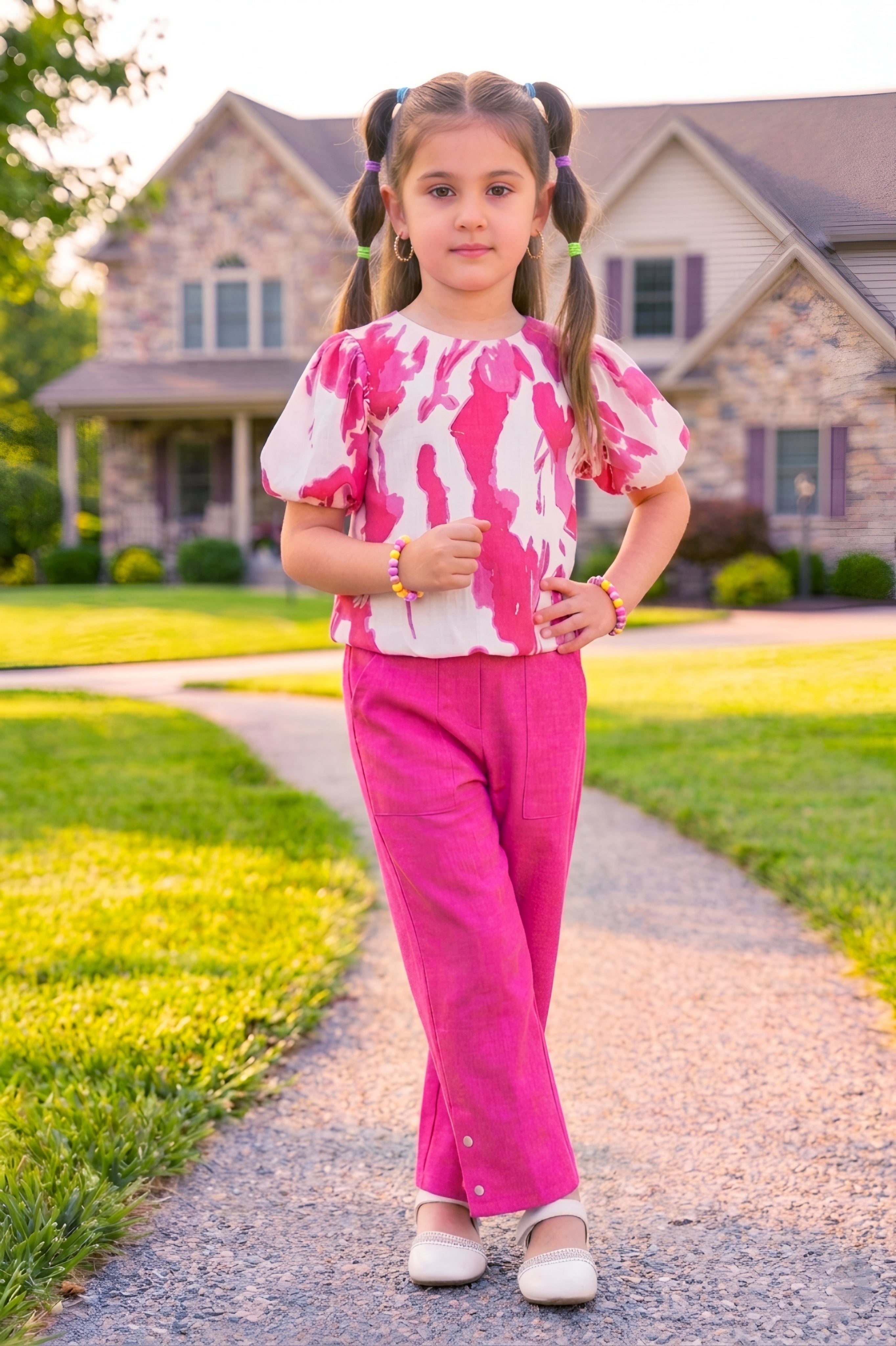 Girls Pink 2-Piece Co-ord Set with Floral Puff Sleeve Top and Pants