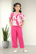Girls Pink 2-Piece Co-ord Set with Floral Puff Sleeve Top and Pants