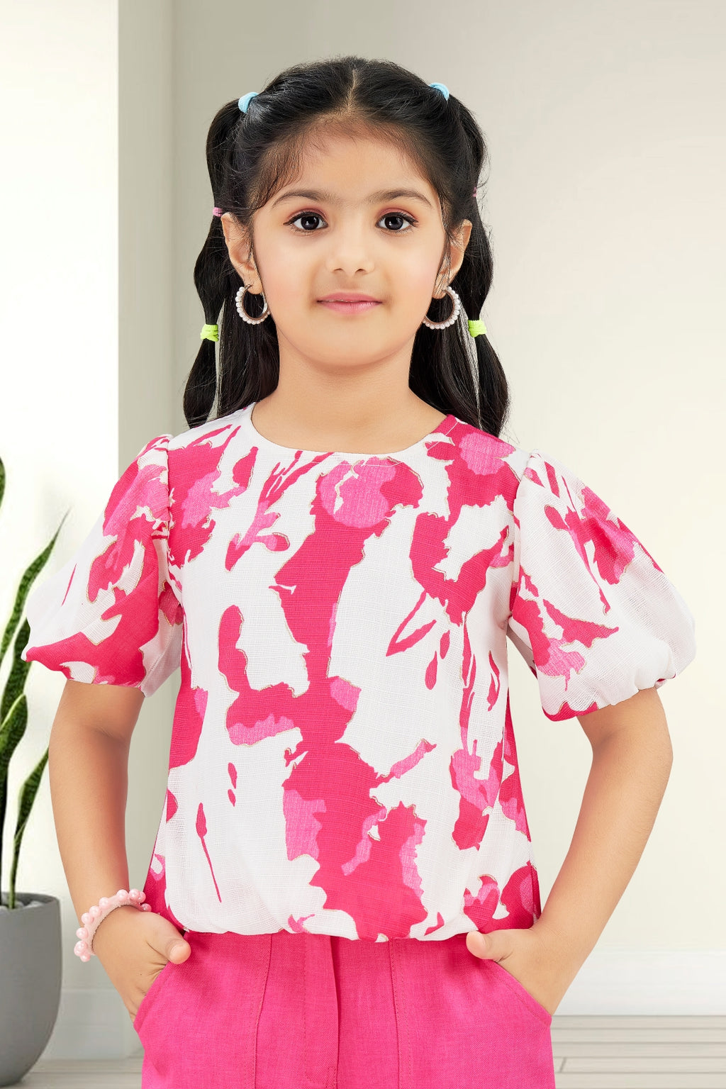 Girls Pink 2-Piece Co-ord Set with Floral Puff Sleeve Top and Pants