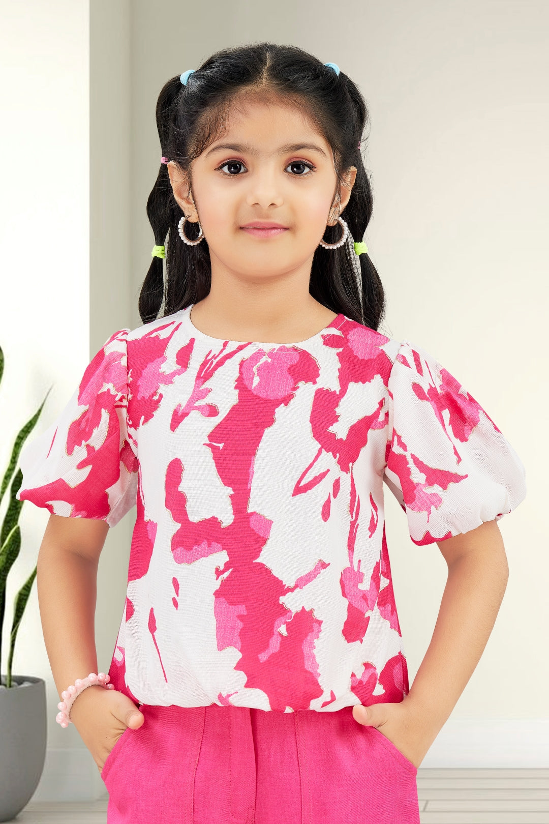 Girls Pink 2-Piece Co-ord Set with Floral Puff Sleeve Top and Pants