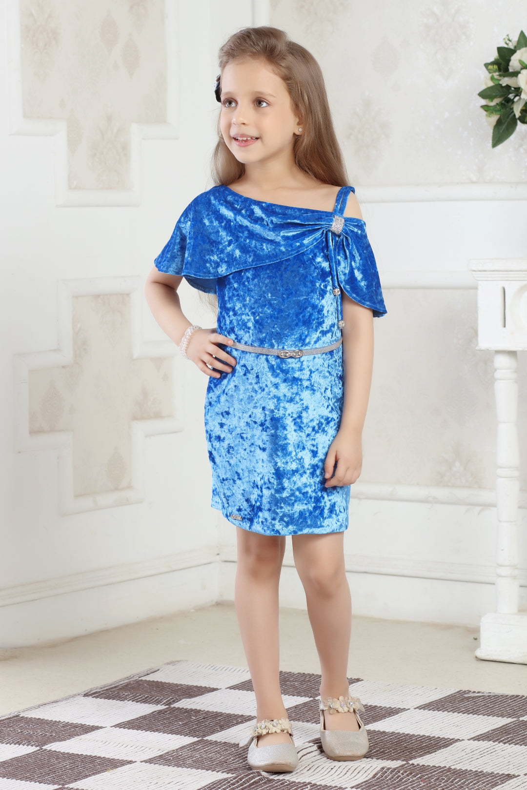 Girls Blue Velvet Cold-Shoulder Party Dress with Belt