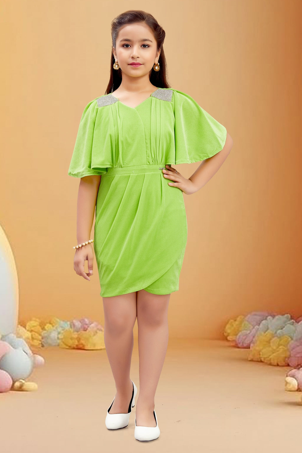 Girls Green Flutter Cape Sleeves Midi Dress