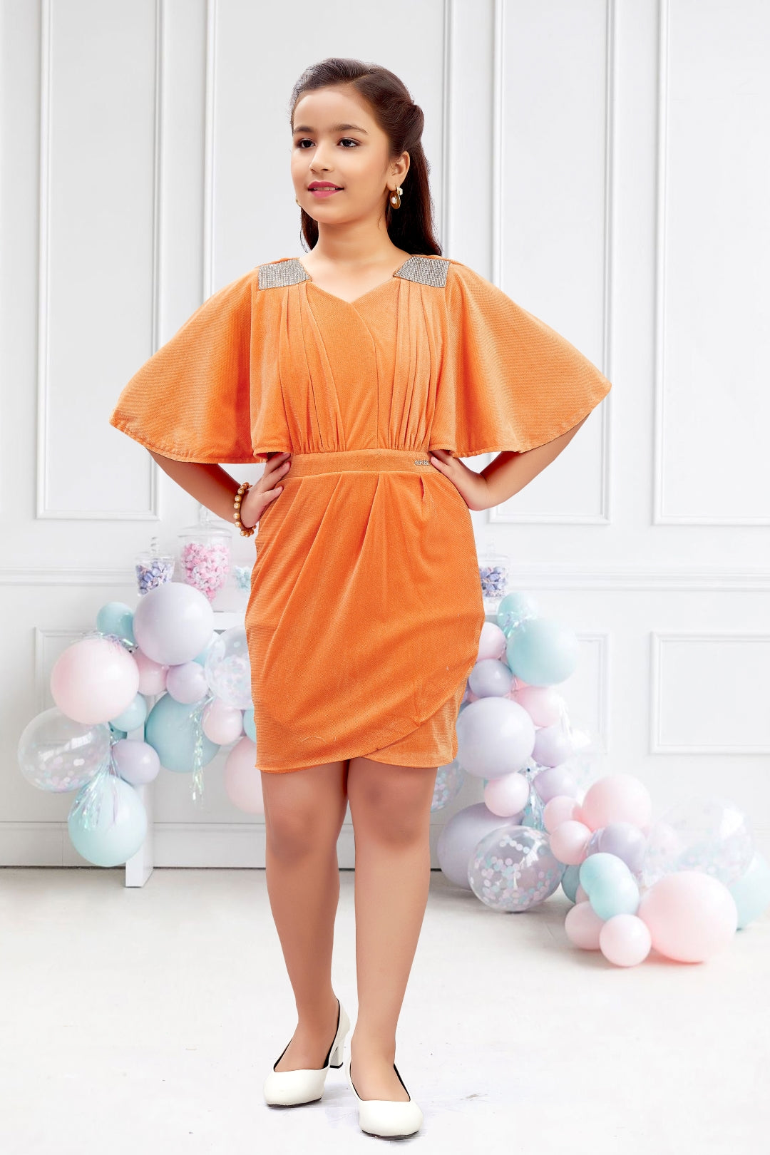 Girls Orange Flutter Cape Sleeves Midi Dress