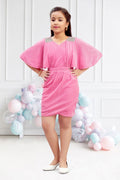 Girls Pink Flutter Cape Sleeves Midi Dress