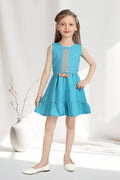 Girls Blue Sleeveless Embroidered Frock