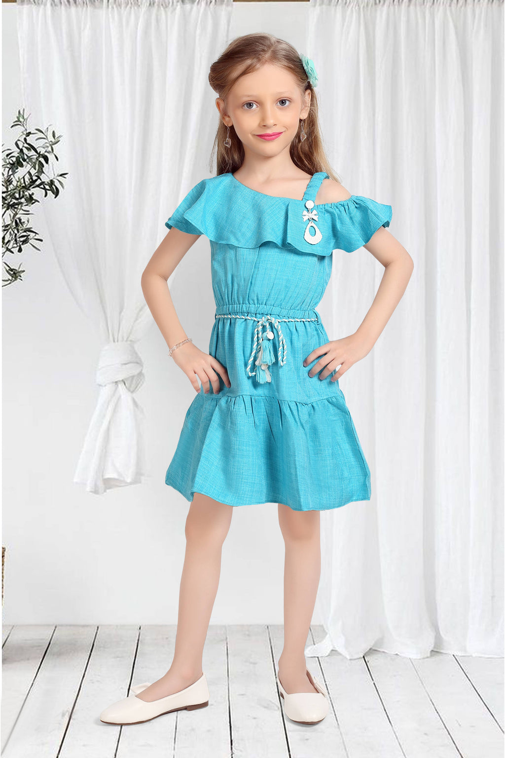 Girls Blue Off-Shoulder Ruffle Dress with Belt