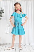 Girls Blue Off-Shoulder Ruffle Dress with Belt