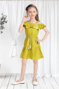 Girls Green Off-Shoulder Ruffle Dress with Belt