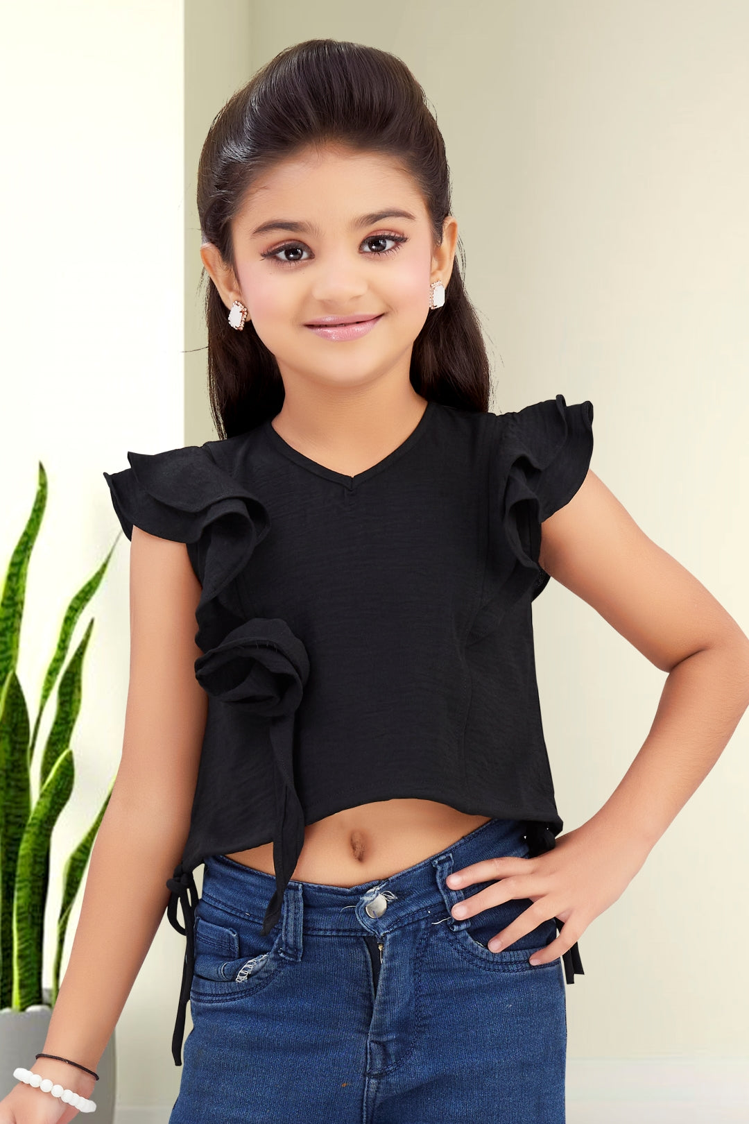 Girls Black Ruffle Crop Top with 3D Rose Detail and Flutter Sleeves