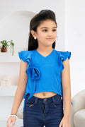 Girls Blue Ruffle Crop Top with 3D Rose Detail and Flutter Sleeves