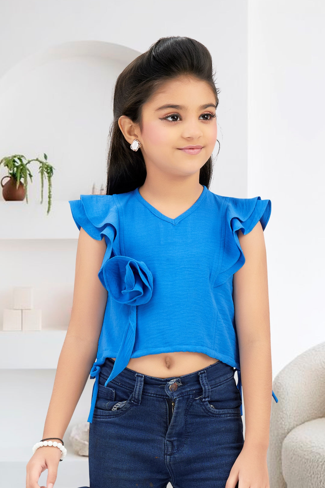Girls Blue Ruffle Crop Top with 3D Rose Detail and Flutter Sleeves