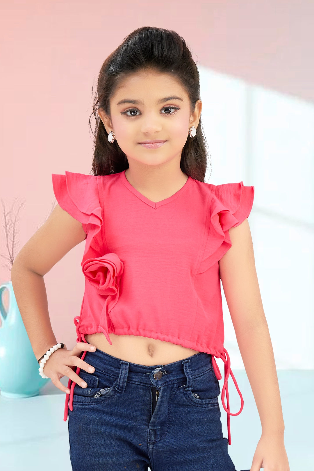 Girls Pink Ruffle Crop Top with 3D Rose Detail and Flutter Sleeves