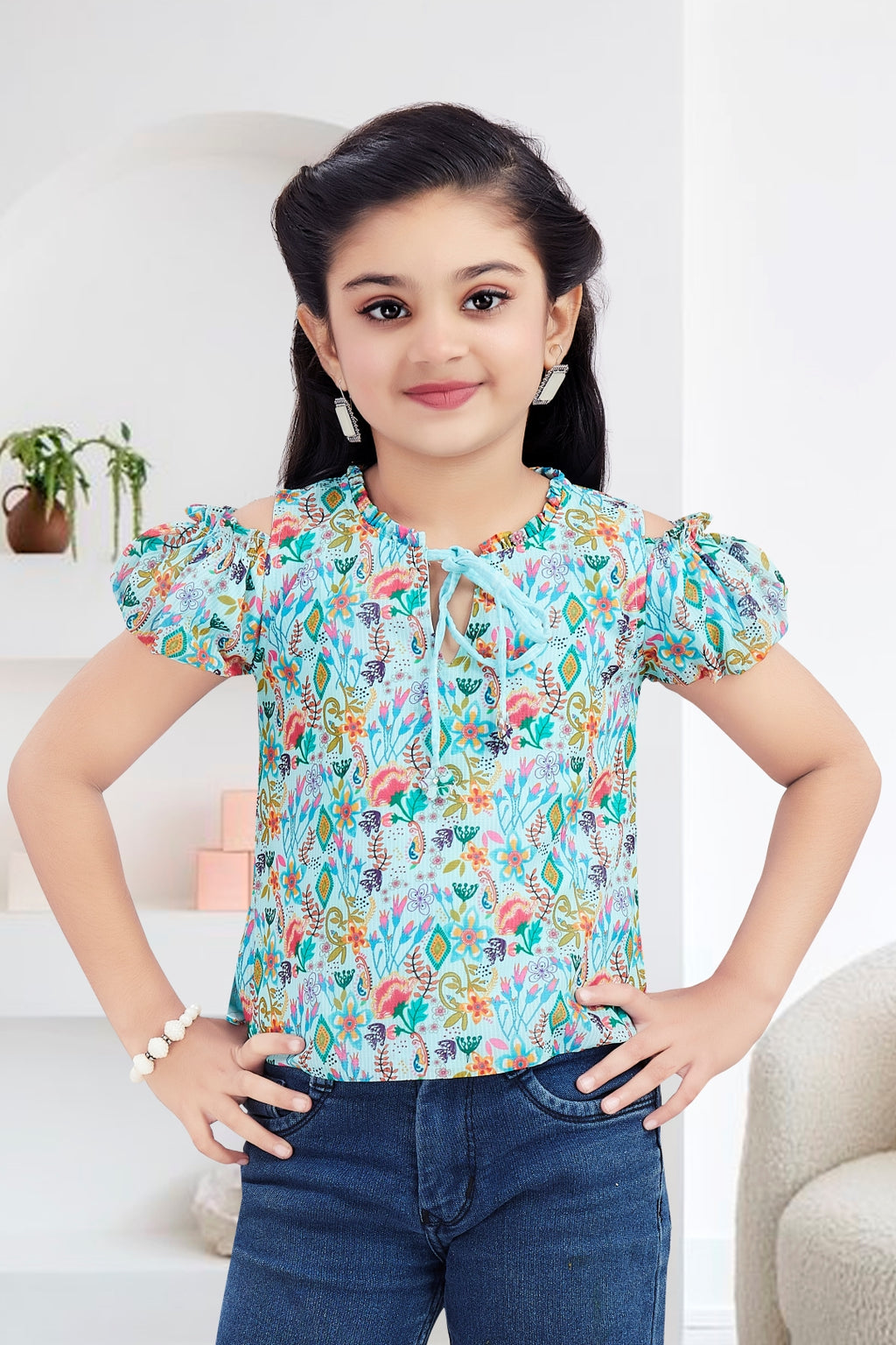 Girls Blue Floral Cold-Shoulder Top - Puff Sleeve with Ruffle Neck