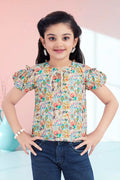 Girls Beige Floral Cold-Shoulder Top - Puff Sleeve with Ruffle Neck