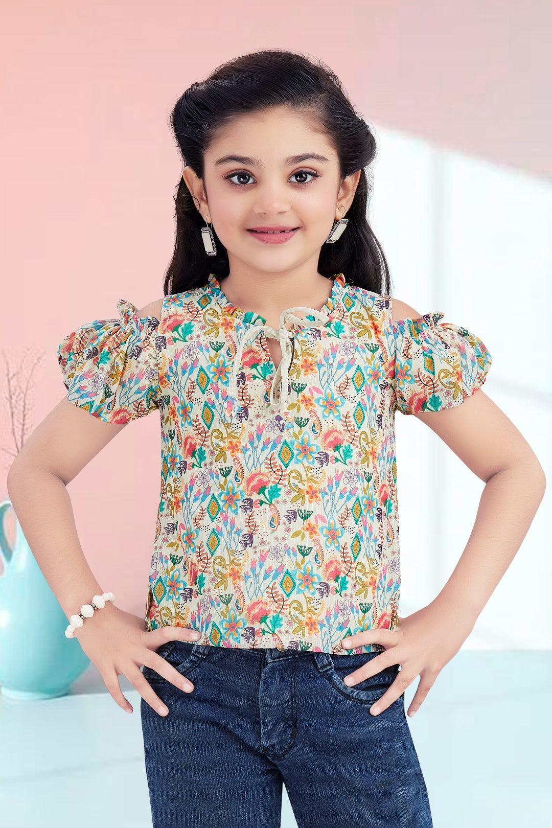 Girls Beige Floral Cold-Shoulder Top - Puff Sleeve with Ruffle Neck