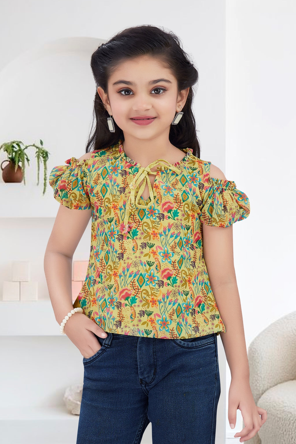 Girls Yellow Floral Cold-Shoulder Top - Puff Sleeve with Ruffle Neck