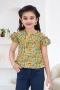 Girls Yellow Floral Cold-Shoulder Top - Puff Sleeve with Ruffle Neck