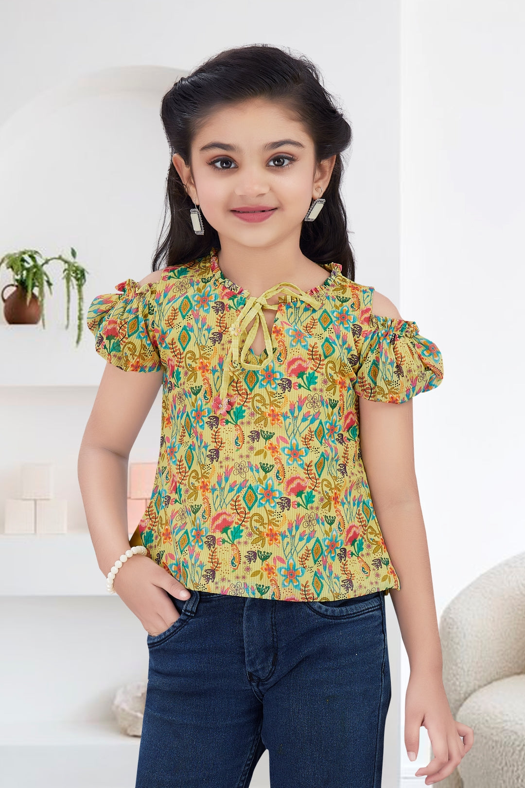 Girls Yellow Floral Cold-Shoulder Top - Puff Sleeve with Ruffle Neck